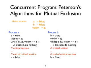 Concurrent Program: Peterson’s
 Algorithms for Mutual Exclusion
   Global variables    a = false;
                       b = false;
                      victim = a;
Process a:                           Process b:
  a = true;                            b = true;
  victim = b;                          victim = a;
  while( b && victim == b );           while( a && victim == a );
      // blocked, do nothing               // blocked, do nothing
  // critical section                  // critical section
  ...                                  ...
  // end of critical section           // end of critical section
  a = false;                           b = false;


                                38
 