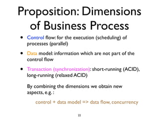 Proposition: Dimensions
  of Business Process
•   Control ﬂow: for the execution (scheduling) of
    processes (parallel)

•   Data model: information which are not part of the
    control ﬂow

•   Transaction (synchronization): short-running (ACID),
    long-running (relaxed ACID)

    By combining the dimensions we obtain new
    aspects, e.g. :
       control + data model => data ﬂow, concurrency

                           22
 