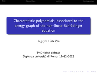 NLS           Normal form               Matrices      Non degeneracy




      Characteristic polynomials, associated to the
      energy graph of the non–linear Schrödinger
                         equation

                            Nguyen Bich Van


                      PhD thesis defense
            Sapienza università di Roma, 17–12–2012
 
