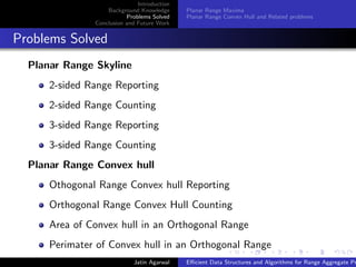 Introduction
Background Knowledge
Problems Solved
Conclusion and Future Work
Planar Range Maxima
Planar Range Convex Hull and Related problems
Problems Solved
Planar Range Skyline
2-sided Range Reporting
2-sided Range Counting
3-sided Range Reporting
3-sided Range Counting
Planar Range Convex hull
Othogonal Range Convex hull Reporting
Orthogonal Range Convex Hull Counting
Area of Convex hull in an Orthogonal Range
Perimater of Convex hull in an Orthogonal Range
Jatin Agarwal Eﬃcient Data Structures and Algorithms for Range Aggregate Pr
 