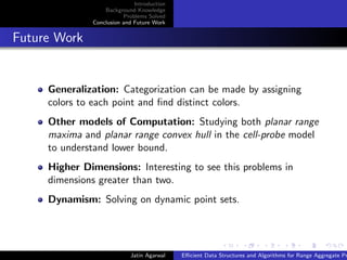 Introduction
Background Knowledge
Problems Solved
Conclusion and Future Work
Future Work
Generalization: Categorization can be made by assigning
colors to each point and ﬁnd distinct colors.
Other models of Computation: Studying both planar range
maxima and planar range convex hull in the cell-probe model
to understand lower bound.
Higher Dimensions: Interesting to see this problems in
dimensions greater than two.
Dynamism: Solving on dynamic point sets.
Jatin Agarwal Eﬃcient Data Structures and Algorithms for Range Aggregate Pr
 