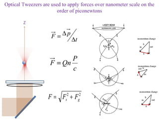 Optical Tweezers are used to apply forces over nanometer scale on the
                        order of piconewtons



                     F= ∆p
                                 ∆t


                            P
                     F = Qn
                            c



                    F= F +F s
                             2
                                      g
                                       2
 
