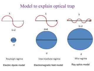 Model to explain optical trap



                                 λ≈d




Electric dipole model   Electromagnetic field model   Ray optics model
 