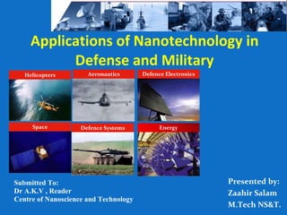 Applications of Nanotechnology in
           Defense and Military
   Helicopters        Aeronautics      Defence Electronics




     Space          Defence Systems          Energy




Submitted To:                                                Presented by:
Dr A.K.V , Reader                                            Zaahir Salam
Centre of Nanoscience and Technology
                                                             M.Tech NS&T.
 