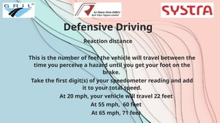 Defensive Driving
Reaction distance
This is the number of feet the vehicle will travel between the
time you perceive a hazard until you get your foot on the
brake.
Take the first digit(s) of your speedometer reading and add
it to your total speed.
At 20 mph, your vehicle will travel 22 feet
At 55 mph, 60 feet
At 65 mph, 71 feet
 