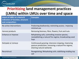 KLEINFELDER CONFIDENTIAL
Intent of LMRs on criteria &
indicators of function, structure
and composition:
Examples
No active interventions Protecting biodiversity; restricting access; imposing
minimal use
Harvest products Removing biomass, fibre, flowers, fruit and nuts
Enhance or improve Rehydrating soils; controlling invasive species;
reestablishing a natural fire regime; broadcasting seed
hays
Extirpate or remove Continuously grazing; intensive cropping, improving
pasture production; removing a natural fire regime;
draining natural wetlands
Reconstruct Revegetating; Rehydrating soils; stabilizing eroding top
soil
Prioritizing land management practices
(LMRs) within LMUs over time and space
Source: Thackway 2017
 