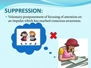 SUPPRESSION:
 Voluntary postponement of focusing of attention on
an impulse which has reached conscious awareness.
 