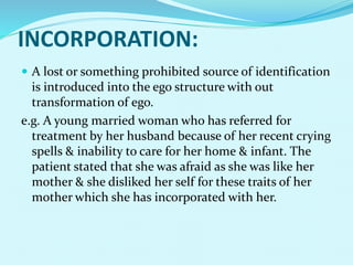 INCORPORATION:
 A lost or something prohibited source of identification
is introduced into the ego structure with out
transformation of ego.
e.g. A young married woman who has referred for
treatment by her husband because of her recent crying
spells & inability to care for her home & infant. The
patient stated that she was afraid as she was like her
mother & she disliked her self for these traits of her
mother which she has incorporated with her.
 