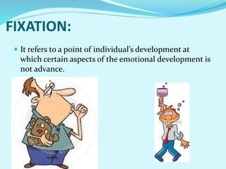 FIXATION:
 It refers to a point of individual’s development at
which certain aspects of the emotional development is
not ...