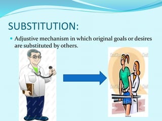 SUBSTITUTION:
 Adjustive mechanism in which original goals or desires
are substituted by others.
 