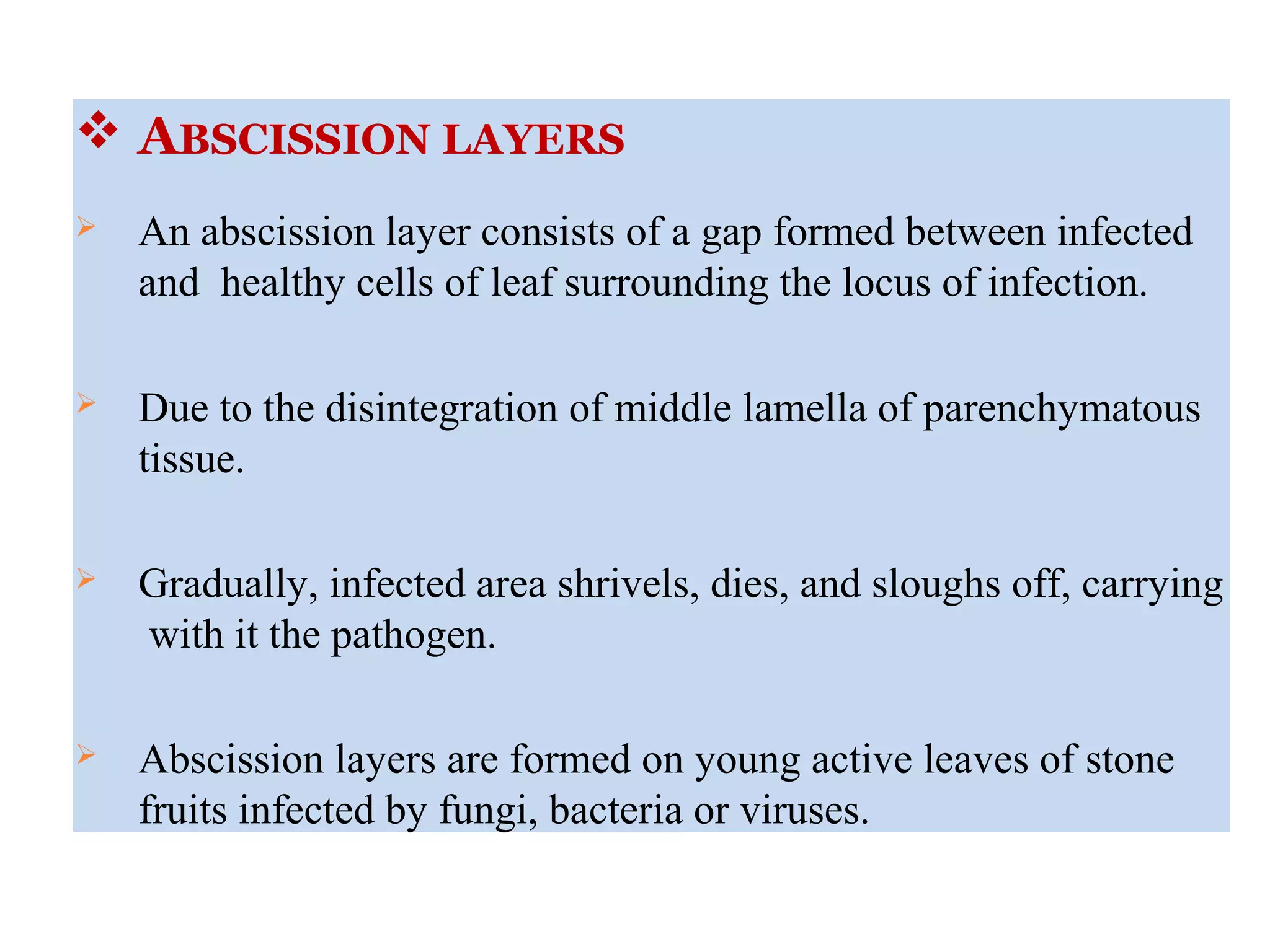  ABSCISSION LAYERS
 An abscission layer consists of a gap formed between infected
and healthy cells of leaf surrounding the locus of infection.
 Due to the disintegration of middle lamella of parenchymatous
tissue.
 Gradually, infected area shrivels, dies, and sloughs off, carrying
with it the pathogen.
 Abscission layers are formed on young active leaves of stone
fruits infected by fungi, bacteria or viruses.
 