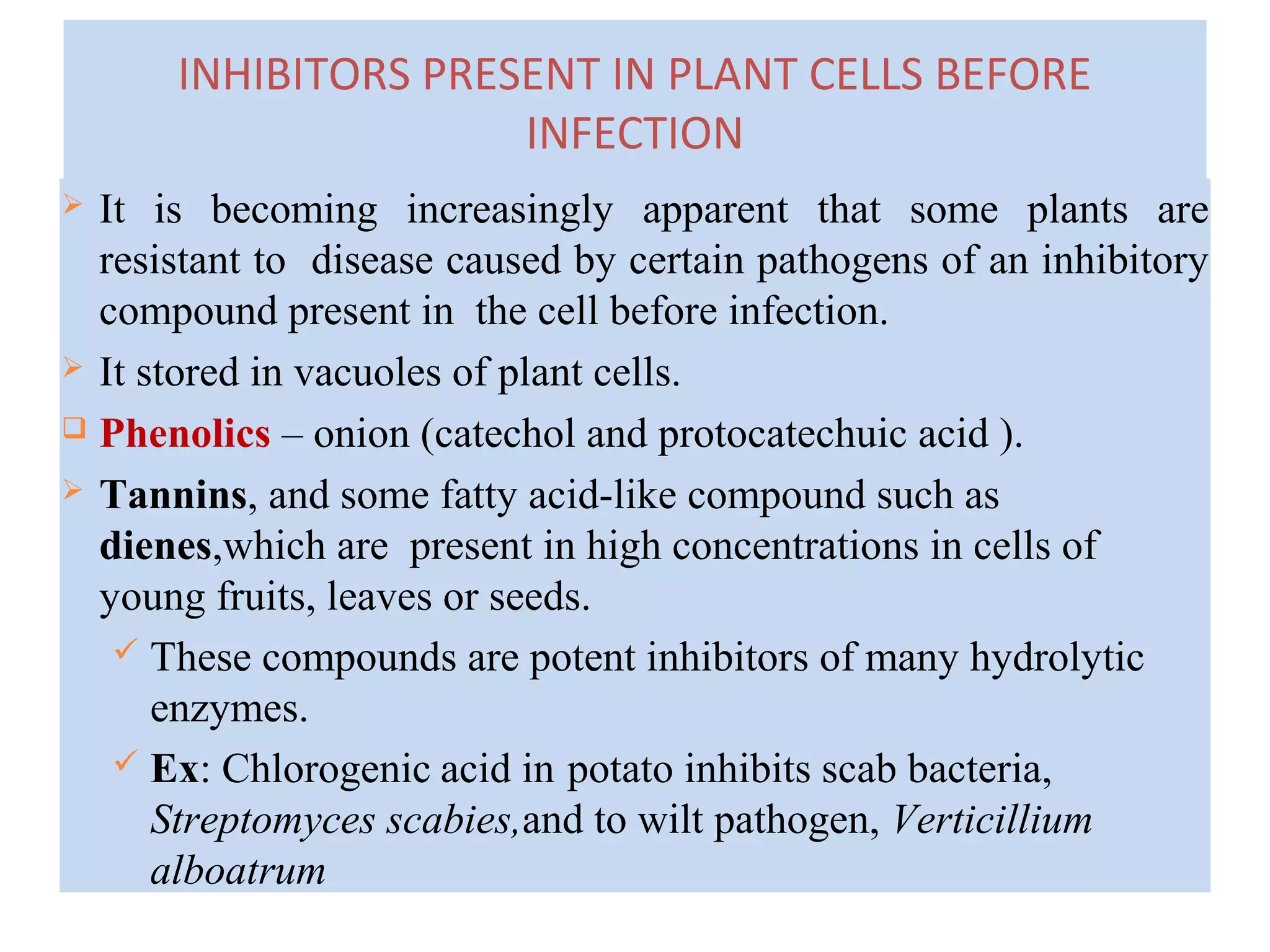  It is becoming increasingly apparent that some plants are
resistant to disease caused by certain pathogens of an inhibitory
compound present in the cell before infection.
 It stored in vacuoles of plant cells.
 Phenolics – onion (catechol and protocatechuic acid ).
 Tannins, and some fatty acid-like compound such as
dienes,which are present in high concentrations in cells of
young fruits, leaves or seeds.
 These compounds are potent inhibitors of many hydrolytic
enzymes.
 Ex: Chlorogenic acid in potato inhibits scab bacteria,
Streptomyces scabies,and to wilt pathogen, Verticillium
alboatrum
INHIBITORS PRESENT IN PLANT CELLS BEFORE
INFECTION
 