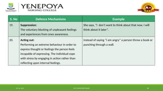 Oct 16, 2024 MR. MOHAMMED SAHAD 18
S. No Defence Mechanisms Example
19. Suppression:
The voluntary blocking of unpleasant feelings
and experiences from ones awareness.
She says, ”I don’t want to think about that now. I will
think about it later”.
20. Acting out:
Performing an extreme behaviour in order to
express thought or feelings the person feels
incapable of expressing. The individual cope
with stress by engaging in action rather than
reflecting upon internal feelings.
Instead of saying “I am angry” a person throw a book or
punching through a wall.
 