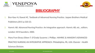 Oct 16, 2024 MR. MOHAMMED SAHAD 21
BIBLIOGRAPHY
1. Brar Kaur N, Rawat HC. Textbook of Advanced Nursing Practice. Jaypee Brothers Medical
Publishers;2015 p.520-23.
2. Hamric AB. Advanced Nursing Practice: An integrative approach. Hamric AB, etc., editors.
London: W B Saunders; 2000.
3. Mary Fran Etracy Eileen T. O’Grady Susanne J. Phillips. HAMRIC & HANSON’S ADVANCED
PRACTICE NURSING AN INTEGRATIVE APPROACH. Philadelphia, PA, USA: Elsevier - Health
Sciences Division.
 