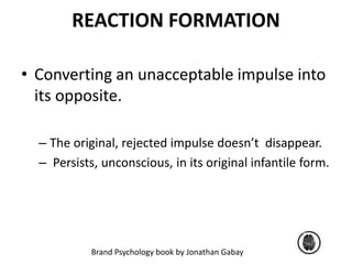 REACTION FORMATION 
• Converting an unacceptable impulse into 
its opposite. 
– The original, rejected impulse doesn’t disappear. 
– Persists, unconscious, in its original infantile form. 
Brand Psychology book by Jonathan Gabay 
 