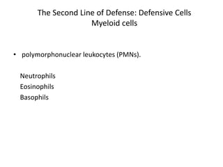 The Second Line of Defense: Defensive Cells
Myeloid cells
• polymorphonuclear leukocytes (PMNs).
Neutrophils
Eosinophils
Basophils
 