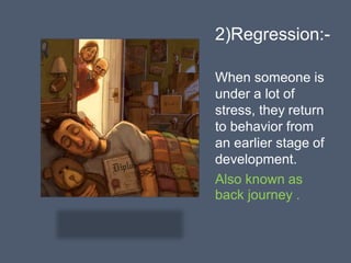 2)Regression:-
When someone is
under a lot of
stress, they return
to behavior from
an earlier stage of
development.
Also known as
back journey .
 