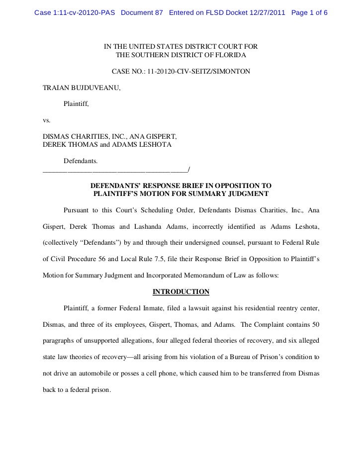 Defendants Response Brief In Opposition To Plaintiff s Motion For Su 