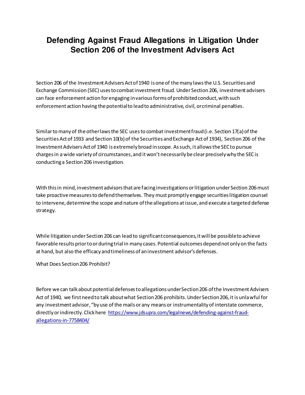 Defending against fraud allegations in litigation under section 206 of