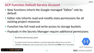 #RSAC
GCP Function Default Service Account
20
GCP Functions
New functions inherit the Google managed "Editor" role by
defa...