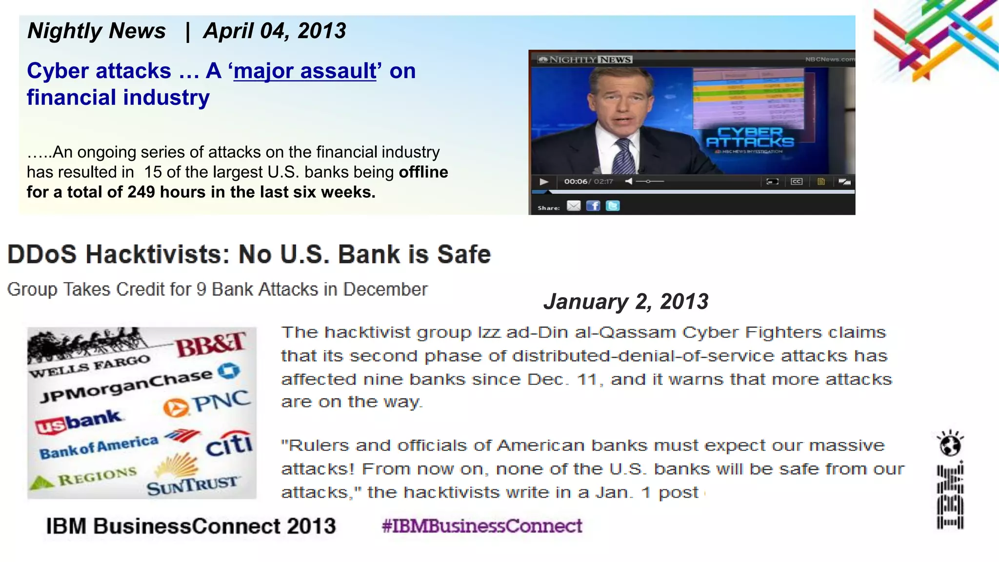 January 2, 2013
Nightly News | April 04, 2013
Cyber attacks … A ‘major assault’ on
financial industry
…..An ongoing series of attacks on the financial industry
has resulted in 15 of the largest U.S. banks being offline
for a total of 249 hours in the last six weeks.
 