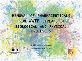 REMOVAL OF PHARMACEUTICALS
FROM WWTP STREAMS BY
BIOLOGICAL AND PHYSICAL
PROCESSES
	
  
Guillem	
  Llorens	
  Blanch	
  
November	
  3th,	
  2016	
  
 