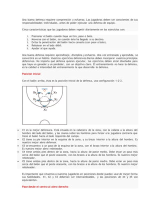 Una buena defensa requiere comprensión y esfuerzo. Las jugadoras deben ser conscientes de sus
responsabilidades individuales, antes de poder ejecutar una defensa de equipo.
Cinco características que las jugadoras deben repetir diariamente en los ejercicios son:
1. Presionar el balón cuando haya un tiro, pase o bote.
2. Moverse con el balón, no cuando éste ha llegado a su destino.
3. Evitar la penetración del balón hacia canasta (con pase o bote).
4. Rebotear en el lado débil.
5. Ayudar al que ayuda.
Una buena defensa requiere aprendizaje, disciplina y esfuerzo. Una vez entrenada y aprendida, se
convertirá en un hábito. Vuestros ejercicios defensivos diarios deben incorporar vuestros principios
defensivos. No importa qué defensa quieres ejecutar, tus ejercicios deben estar diseñados para
que haya un ganador y un perdedor, con un objetivo claro. El entrenamiento no hace la defensa,
es la calidad e intensidad del entrenamiento la que desarrolla la defensa.
Posición inicial
Con el balón arriba, ésta es la posición inicial de la defensa, una configuración 1-2-2.
 X1 es la mejor defensora. Está situada en la cabecera de la zona, con la cabeza a la altura del
hombro del lado del balón, y las manos sobre los hombros para forzar a la jugadora contraria que
tiene el balón hacia el lado izquierdo del campo.
 X2 tiene su pie interior en la esquina de la zona, y su brazo interior a la altura del hombro. Es
nuestro mejor alero defensor.
 X3 se encuentra a un paso de la esquina de la zona, con el brazo interior a la altura del hombro.
Es nuestro mejor alero reboteador.
 X4 tiene ambos pies dentro de la zona, hacia la altura de poste medio. Debe estar un paso más
cerca del balón que el poste atacante, con los brazos a la altura de los hombros. Es nuestro mejor
reboteador.
 X5 tiene ambos pies dentro de la zona, hacia la altura de poste medio. Debe estar un paso más
cerca del balón que el poste atacante, con los brazos a la altura de los hombros. Es nuestro mejor
reboteador.
Es importante que situemos a nuestros jugadores en posiciones donde puedan usar de mejor forma
sus habilidades. X1, X2 y X3 deberían ser intercambiables, y las posiciones de X4 y X5 son
equivalentes.
Pase desde el centro al alero derecho
 