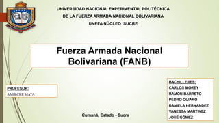 Fuerza Armada Nacional
Bolivariana (FANB)
BACHILLERES:
CARLOS MOREY
RAMÓN BARRETO
PEDRO QUIARO
DANIELA HERNANDEZ
VANESSA MARTINEZ
JOSÉ GÓMEZ
UNIVERSIDAD NACIONAL EXPERIMENTAL POLITÉCNICA
DE LA FUERZA ARMADA NACIONAL BOLIVARIANA
UNEFA NÚCLEO SUCRE
PROFESOR:
AMIRCRE MATA
Cumaná, Estado - Sucre
 
