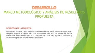 MARCO METODOLÓGICO Y ANÁLISIS DE RESULTADOS
PROPUESTA
DESCRIPCIÓN DE LA PROPUESTA
Este proyecto tiene como objetivo la elaboración de un té a base de mastrante,
orégano vulgare y stevia para los estudiantes del V02 de Nivelación de la
Utmachala de diciembre del 2013 - febrero del 2014 para ayudar a controlar y
disminuir la presión de una manera saludable.

 