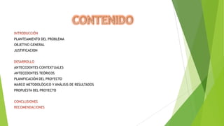 PLANTEAMIENTO DEL PROBLEMA
OBJETIVO GENERAL
JUSTIFICACION

ANTECEDENTES CONTEXTUALES
ANTECEDENTES TEÓRICOS
PLANIFICACIÓN DEL PROYECTO
MARCO METODOLÓGICO Y ANÁLISIS DE RESULTADOS
PROPUESTA DEL PROYECTO

 
