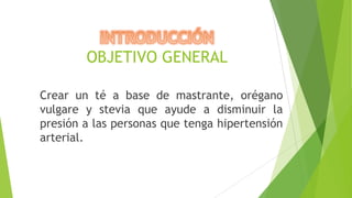 OBJETIVO GENERAL
Crear un té a base de mastrante, orégano
vulgare y stevia que ayude a disminuir la
presión a las personas que tenga hipertensión
arterial.

 