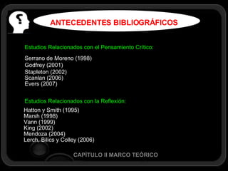 ANTECEDENTES BIBLIOGRÁFICOS CAPÍTULO II MARCO TEÓRICO Estudios Relacionados con el Pensamiento Crítico: Serrano de Moreno (1998)‏ Godfrey (2001)‏ Stapleton (2002)‏ Scanlan (2006)‏ Evers (2007)‏ Hatton y Smith (1995)‏ Marsh (1998)‏ Vann (1999)‏ King (2002)‏ Mendoza (2004)‏ Lerch, Bilics y Colley (2006)‏ Estudios Relacionados con la Reflexión: 