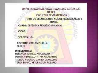 UNIVERSIDAD NACIONAL «SAN LUIS GONZAGA»
DE ICA
FACULTAD DE OBSTETRICIA
TIPOS DE SEGUROS QUE NOS OFRECE ESSALUD Y
MINSA
DOCENTE: CARLOS PURILLA
FLORES
INTEGRANTES:
HERENCIA TORRES, IVANA MARIA
MEDINA VIDALES,CYNTHIA MILAGRITOS
YALLICO HUAMAN, GANIRA GERALDINE
YEREN BRAVO, KEYLI MAYLIN ROSARIO
CURSO: DEFENSA Y REALIDAD NACIONAL
CICLO: I
SECCIÓN: «B»
 