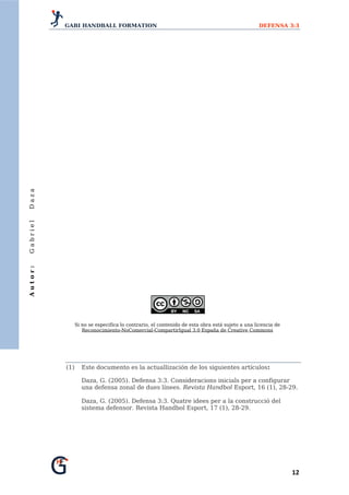 GABI HANDBALL FORMATION                                                              DEFENSA 3:3
Daza
Gabriel
Autor:




                                                                         

                Si no se especifica lo contrario, el contenido de esta obra está sujeto a una licencia de
                   Reconocimiento-NoComercial-CompartirIgual 3.0 España de Creative Commons




          (1)     Este documento es la actuallización de los siguientes artículos:

                  Daza, G. (2005). Defensa 3:3. Consideracions inicials per a configurar
                  una defensa zonal de dues línees. Revista Handbol Esport, 16 (1), 28-29.

                  Daza, G. (2005). Defensa 3:3. Quatre idees per a la construcció del
                  sistema defensor. Revista Handbol Esport, 17 (1), 28-29. 




                                                                                                            12 
 