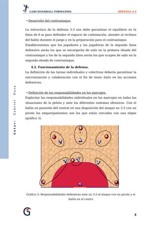 GABI HANDBALL FORMATION                                           DEFENSA 3:3


          • Desarrollo del contraataque.


          La estructura de la defensa 3:3 nos debe garantizar el equilibrio en la
          línea de 6 m para defender el espacio de culminación, atender al rechazo
          del balón durante el juego y en la preparación para el contraataque.
          Estableceremos que los jugadores y las jugadoras de la segunda línea
          defensiva serán los que se encargarán de salir en la primera oleada del
          contraataque y los de la segunda línea serán los que ocupen de salir en la
          segunda oleada de contraataque.

              4.2. Funcionamiento de la defensa.
          La definición de las tareas individuales y colectivas debería garantizar la
          sincronización y colaboración con el fin de tener éxito en las acciones
          defensivas.
Daza




          • Definición de las responsabilidades en los marcajes.
          Explicitar las responsabilidades individuales en los marcajes en todas las
Gabriel




          situaciones de la pelota y ante los diferentes sistemas ofensivos. Con el
          balón en posesión del central en una disposición del ataque en 3:3 con un
          pivote los emparejamientos son los que están cercados con una elipse
          (gráfico 3).
Autor:




                                                    B

                             C                                     A
                                  7              6             5




                                      2     E   3
                                                               4




                         D                                                 F
                                                 1


          Gráfico 3: Responsabilidades defensivas ante un 3:3 al ataque con un pivote y el
                                          balón en el centro




                                                                                         8 
 