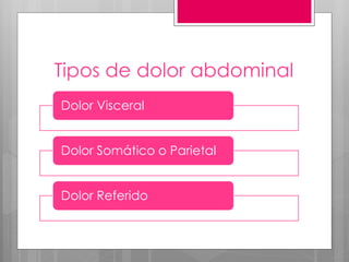 Tipos de dolor abdominal
Dolor Visceral
Dolor Somático o Parietal
Dolor Referido
 