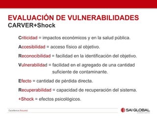 EVALUACIÓN DE VULNERABILIDADES
CARVER+Shock
Criticidad = impactos económicos y en la salud pública.
Accesibilidad = acceso físico al objetivo.
Reconocibilidad = facilidad en la identificación del objetivo.
Vulnerabilidad = facilidad en el agregado de una cantidad
suficiente de contaminante.
Efecto = cantidad de pérdida directa.
Recuperabilidad = capacidad de recuperación del sistema.
+Shock = efectos psicológicos.
 