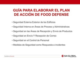 GUÍA PARA ELABORAR EL PLAN
DE ACCIÓN DE FOOD DEFENSE
• Seguridad Externa Exterior de los Edificios
• Seguridad Interna en Áreas de Proceso y Administrativas
• Seguridad en las Áreas de Recepción y Envío de Productos
• Seguridad en Envío Y Recepción de Correo
• Seguridad en el Control de Personal
• Medidas de Seguridad como Respuesta a incidentes
 