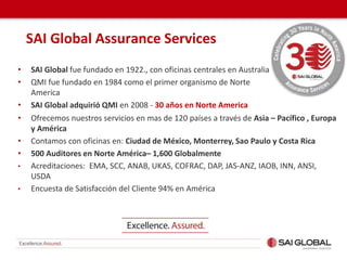 • SAI Global fue fundado en 1922., con oficinas centrales en Australia
• QMI fue fundado en 1984 como el primer organismo de Norte
America
• SAI Global adquirió QMI en 2008 - 30 años en Norte America
SAI Global Assurance Services
• Ofrecemos nuestros servicios en mas de 120 países a través de Asia – Pacífico , Europa
y América
• Contamos con oficinas en: Ciudad de México, Monterrey, Sao Paulo y Costa Rica
• 500 Auditores en Norte América– 1,600 Globalmente
• Acreditaciones: EMA, SCC, ANAB, UKAS, COFRAC, DAP, JAS-ANZ, IAOB, INN, ANSI,
USDA
• Encuesta de Satisfacción del Cliente 94% en América
 