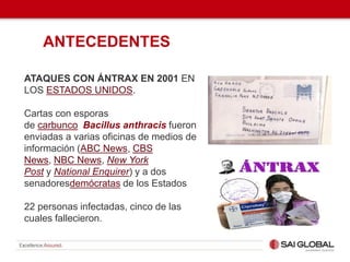 ATAQUES CON ÁNTRAX EN 2001 EN
LOS ESTADOS UNIDOS.
Cartas con esporas
de carbunco Bacillus anthracis fueron
enviadas a varias oficinas de medios de
información (ABC News, CBS
News, NBC News, New York
Post y National Enquirer) y a dos
senadoresdemócratas de los Estados
22 personas infectadas, cinco de las
cuales fallecieron.
ANTECEDENTES
 