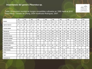 Importancia del genero Pleurotus sp.
Tabla I Producción mundial de hongos comestibles cultivados en 1986 hasta el 2010
Peso fresco. Tomado de Chang, 2004 modificado Rodríguez, 2007.
Nombre
1970 1974 1984 1981 1986 1990 1994 1997 2002 2010
ton % ton % ton % ton % ton % ton % ton % ton % ton % ton %
Agaricus bisporus
18
5
62
26
0
55
41
0
57 900 72 1220 56 1400 40,2 1850 37,6 2000 36,7 2240 35,4 2940 36
Lentinula edodes
94
31 14
8
31 19
1
27 180 14 320 15 400 11,3 830 16,8 1600 28,8 1160 18,2 1430 17,5
Pleurotus sp. - - 8 2 22 3 40 2,8 170 7,8 900 25,4 800 16,2 900 16,1 930 14,6 1190 14,6
Auricularia sp. - - - - - - 10 0,8 120 5,5 400 11,3 420 8,6 500 8,9 600 9,47 840 10,3
Volvariella volvacea - - - - - - 200 4,3 180 8,2 210 5,8 300 6,1 200 3,3 350 5,59 450 5,57
Flammulina velutipes 11 4 42 9 63 9 100 4,8 100 4,6 140 4 230 4,7 300 5,2 290 4,53 360 4,46
Tremella fuciformis - - - - 0 - - 40 1,8 40 1,1 160 3,2 - - 230 3,69 290 3,52
Hypsizygus marmoreus - - - - 7 1 - - - - - - 60 1,1 - - 110 1,78 130 1,62
Pholiota nameko 8 3 12 3 20 3 20 1,35 30 1,1 20 0,6 30 0,6 60 1 60 1,01 80 0,92
Tricholoma matsutake 2 1 0 0 0 0 513 120 272
Grifola frondosa - - - - 1 0 - - - - - - 10 0,3 - - 40 0,58 40 0,52
Otros - - - - 0 - - 10 0,5 10 0,3 24 4,9 - - 330 5,13 410 4,97
Total
30
0
10
0
47
0
10
0
71
4
10
0
1450 100 2190
10
0
4033 100 4834 100 5832 100 6340 100 8160 100
Incremento (%) - 36 34 51 73 62,9 38,5 10,8 16,5 28,7
 
