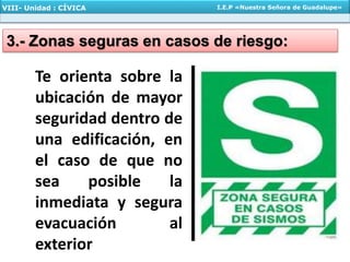 Te orienta sobre la
ubicación de mayor
seguridad dentro de
una edificación, en
el caso de que no
sea posible la
inmediata y segura
evacuación al
exterior
3.- Zonas seguras en casos de riesgo:
VIII- Unidad : CÍVICA I.E.P «Nuestra Señora de Guadalupe»
 