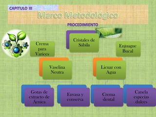 Cristales de
   Crema                     Sábila                Enjuague
    para                                            Bucal
   Varices

             Vaselina                     Licuar con
             Neutra                          Agua



 Gotas de                                                 Canela
                        Envasa y          Crema
extracto de                                              especias
                        conserva          dental
  Árnica                                                  dulces
 