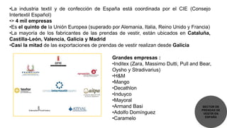 •La industria textil y de confección de España está coordinada por el CIE (Consejo
Intertextil Español)
•> 4 mil empresas
•Es el quinto de la Unión Europea (superado por Alemania, Italia, Reino Unido y Francia)
•La mayoría de los fabricantes de las prendas de vestir, están ubicados en Cataluña,
Castilla-León, Valencia, Galicia y Madrid
•Casi la mitad de las exportaciones de prendas de vestir realizan desde Galicia

                                            Grandes empresas :
                                            •Inditex (Zara, Massimo Dutti, Pull and Bear,
                                            Oysho y Stradivarius)
                                            •H&M
                                            •Mango
                                            •Decathlon
                                            •Induyco
                                            •Mayoral
                                            •Armand Basi                              SECTOR DE
                                                                                     PRENDAS DE
                                            •Adolfo Domínguez                         VESTIR EN
                                            •Caramelo                                  ESPAÑA
 