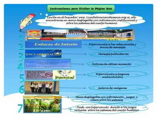 Instrucciones para Visitar la Página Web


 Escribe en el buscador: www. Liceobolivarianotamaca.org.ve, allí
encontraras un menú desplegable con información institucional y
                sobre los sistemas del cuerpo humano




                              Hipervínculos a las redes sociales y
                                      envíos de mensajes

                                     Mensajes publicitarios



                                Noticias de último momento



                                   Hipervínculos a paginas
                                       ambientalistas



                                     Galería de imágenes


                     Menú desplegable con información , juegos y
                              videos sobre los sistemas


                      Flash con hipervínculo directo a los juegos
                    virtuales sobre los sistemas del cuerpo humano
 