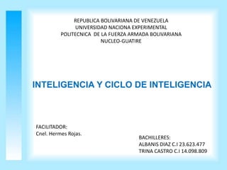 REPUBLICA BOLIVARIANA DE VENEZUELA
UNIVERSIDAD NACIONA EXPERIMENTAL
POLITECNICA DE LA FUERZA ARMADA BOLIVARIANA
NUCLEO-GUATIRE
INTELIGENCIA Y CICLO DE INTELIGENCIA
BACHILLERES:
ALBANIS DIAZ C.I 23.623.477
TRINA CASTRO C.I 14.098.809
FACILITADOR:
Cnel. Hermes Rojas.
 