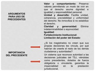 ARGUMENTOS
PARA USO DE
PRECEDENTES
Valor y comportamiento: Preserva
valores permitiendo un modo de vivir en
que el derecho asume dignidad e
igualdad y responsabilidad personal.
Unidad y desarrollo: Facilita unidad,
coherencia, previsibilidad y uniformidad
del derecho. No inmoviliza si no estabiliza
el derecho.
Claridad y generosidad: Elimina
indeterminabilidad o equivocidad.
Igualdad:
Fortalecimiento Institucional:
Limitación del poder del Estado:
IMPORTANCIA
DEL PRECEDENTE
¿Si los magistrados no creen que sus
propias decisiones les vincula, por qué
habrían de creerle el resto de los demás
ciudadanos y autoridades?
Un sistema que reconoce autoridad a las
decisiones judiciales del TSJ, viéndolas
como precedentes, dotados de fuerza
obligatoria o vinculante, garantiza la
imparcialidad en la prestación
jurisdiccional.
 