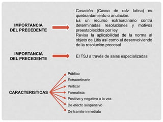 IMPORTANCIA
DEL PRECEDENTE
Casación (Casso de raíz latina) es
quebrantamiento o anulación.
Es un recurso extraordinario contra
determinadas resoluciones y motivos
preestablecidos por ley.
Revisa la aplicabilidad de la norma al
objeto de Litis así como el desenvolviendo
de la resolución procesal
IMPORTANCIA
DEL PRECEDENTE
El TSJ a través de salas especializadas
CARACTERISTICAS
Público
Extraordinario
Vertical
Formalista
Positivo y negativo a la vez.
De efecto suspensivo
De tramite inmediato
 