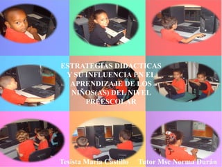 ESTRATEGIAS DIDACTICAS
 Y SU INFLUENCIA EN EL
  APRENDIZAJE DE LOS
  NIÑOS(AS) DEL NIVEL
      PREESCOLAR




Tesista Maria Castillo   Tutor Msc Norma Durán
 