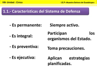 1.1.- Características del Sistema de Defensa
- Es permanente:
- Es integral:
- Es preventiva:
- Es ejecutiva:
Siempre activo.
Participan los
organismos del Estado.
Toma precauciones.
Aplican estrategias
planificadas.
VIII- Unidad : Cívica I.E.P «Nuestra Señora de Guadalupe»